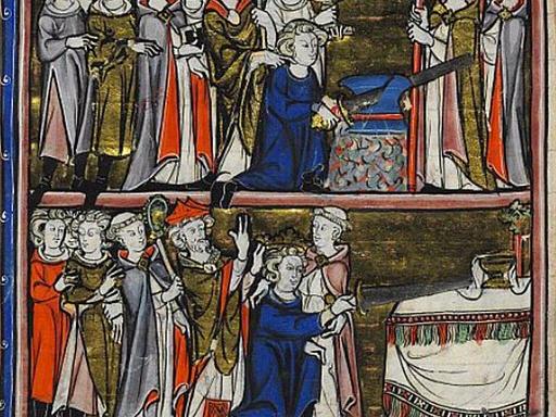 old manuscript illustration of Arthur pulling excalibur from the stone