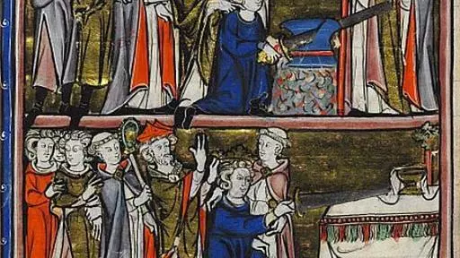 old manuscript illustration of Arthur pulling excalibur from the stone