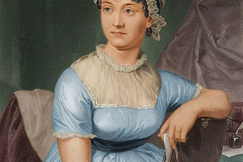 Colourized version of engraved portrait of Jane Austen